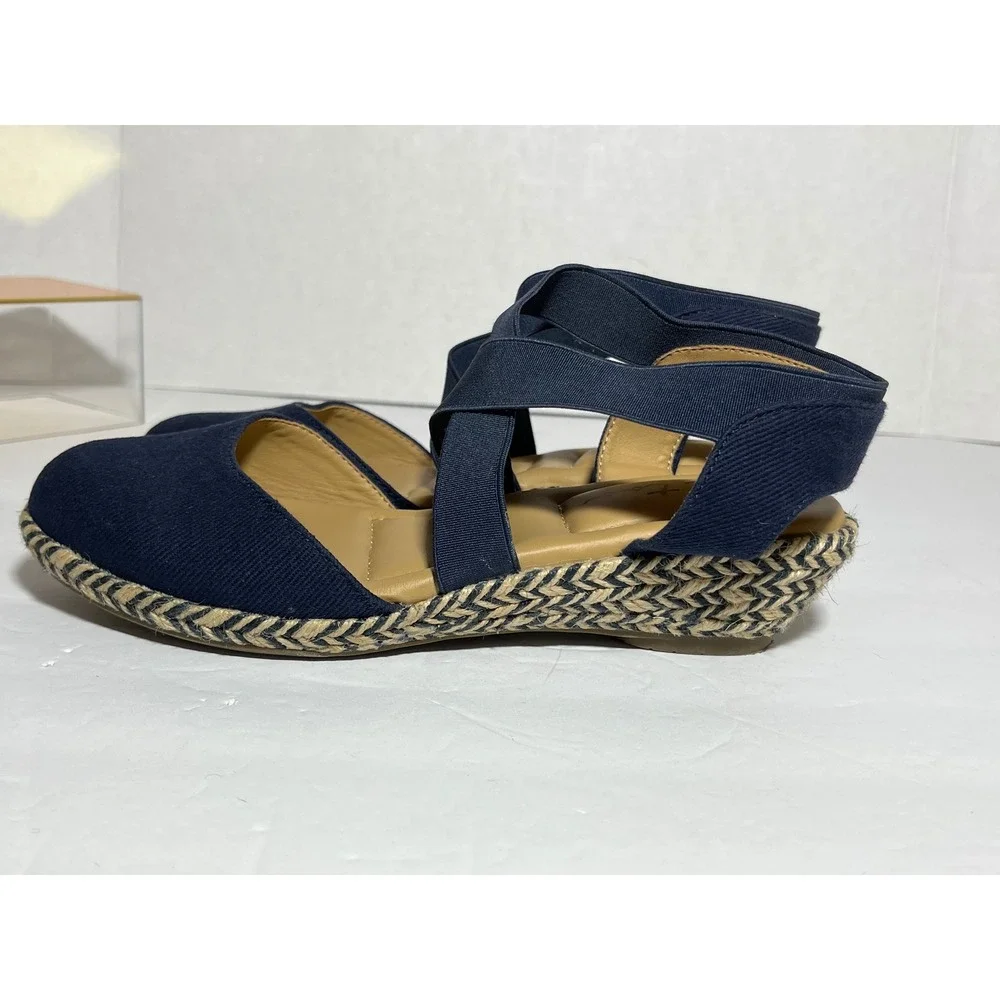 Me Too Dixie-BC Navy Blue Espadrille Wedge Sandals Bohemian 6M Elastic Straps